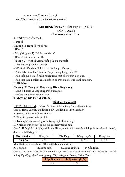 Ôn tập giữa kì 2 Toán 8 năm 2025 – 2026 trường THCS Nguyễn Bỉnh Khiêm – Hà Nội (bản Word)